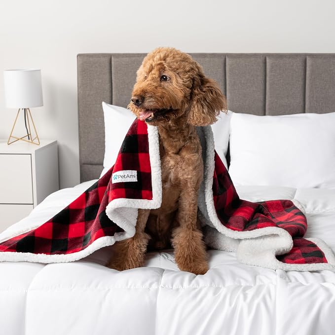 PetAmi Waterproof Dog Blanket for Couch, Large 60x40, Pee Proof Sherpa Fleece Reversible Pet Throw, Furniture Protector for Bed Sofa Kennel, Soft Washable Cover for Medium Dogs Cats, Plaid Red - Image 8