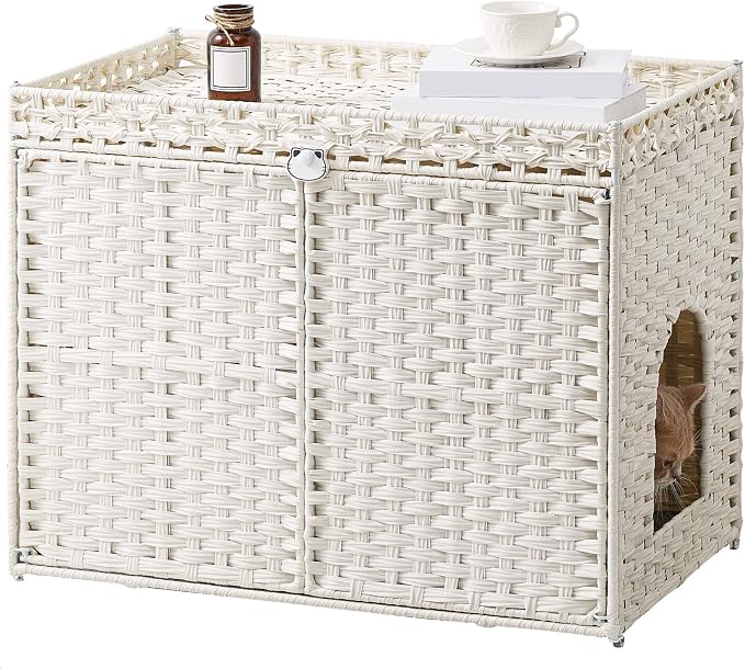 SETVSON Cat Litter Box Enclosure Furniture, Handwoven Rattan Hidden Litter Box with Mat, Large Space Cat House with 2 S-Shaped Hooks 30.3 x 18.3 x 24.4 Inches, Indoor for Living Room Apartment White by SETVSON