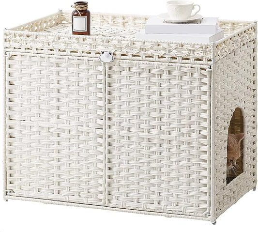 SETVSON Cat Litter Box Enclosure Furniture, Handwoven Rattan Hidden Litter Box with Mat, Large Space Cat House with 2 S-Shaped Hooks 30.3 x 18.3 x 24.4 Inches, Indoor for Living Room Apartment White by SETVSON