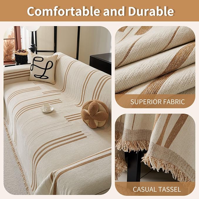 Boho Couch Covers for Sofa Washable Sofa Covers for 3 Cushion Couch Soft Non Slip Couch Covers for Sectional Sofa Dog Pet Furniture Protector (Shallow Coffee, 71"*118") - Image 2