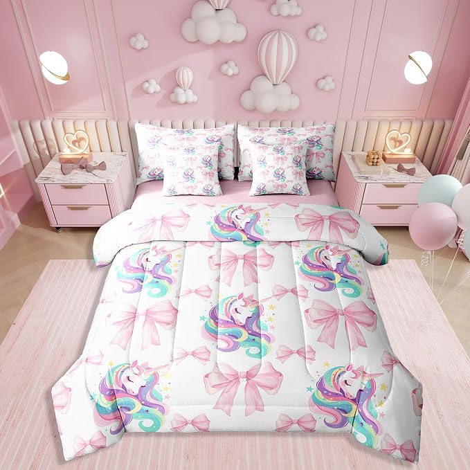 Erosebridal 7 Piece Girls Pink Bowknot Twin Bedding Set,Kawaii Rainbow Unicorn Kids Comforter Set for Teens,Dreamy Princess Style Quilt,Girly Unicorn Bow Tie Sheet Set with Comforter by Erosebridal
