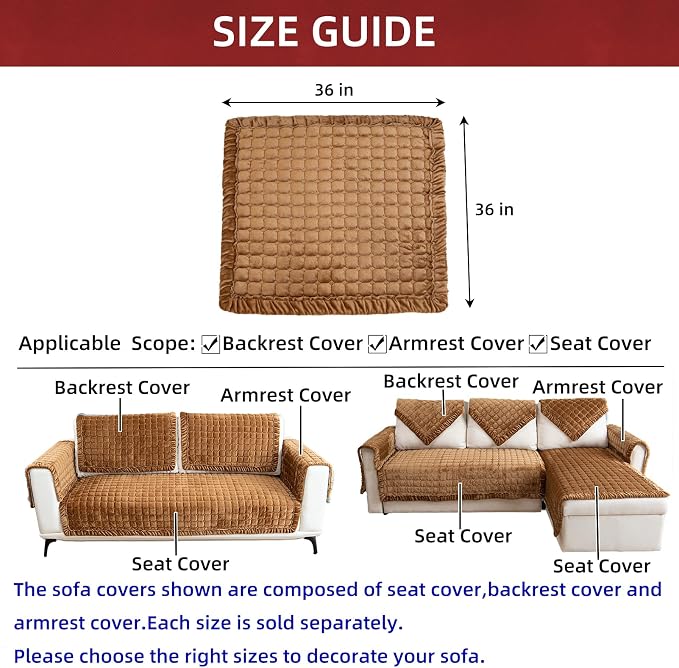 Couch Cover Sectional Couch Covers Non Slip Sofa Covers Washable for 3 Cushion Couch L Shaped Couch Protector Sofa Slipcovers for Kids Dogs Pets,Velvet,Coffee,36''x36''(Only 1 Piece) - Image 3