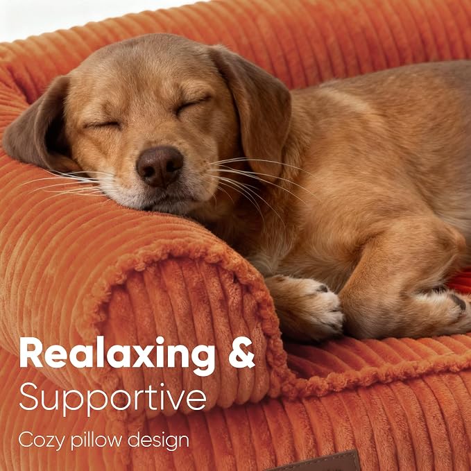 FUKUMARU Cute Dog Bed, Waterproof Corduroy Dogs Couch, 36in Orthopedic Pet Sofa for Medium to Large Dogs Dog, Warm Cotton Pet Bed with Washable Cover, Orange - Image 2