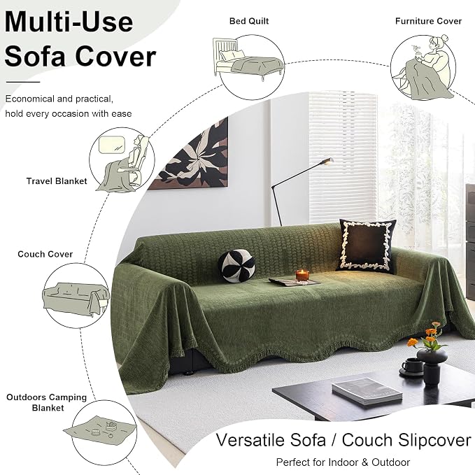 ROOMLIFE Green Couch Cover Sofa Covers, Chenille Couches Covers for 3 Cushion Sofas, Non Slip Soft Breathable Sofa Slipcovers for Pet, Washable Furniture Protector with Tassel,71''X134” - Image 6