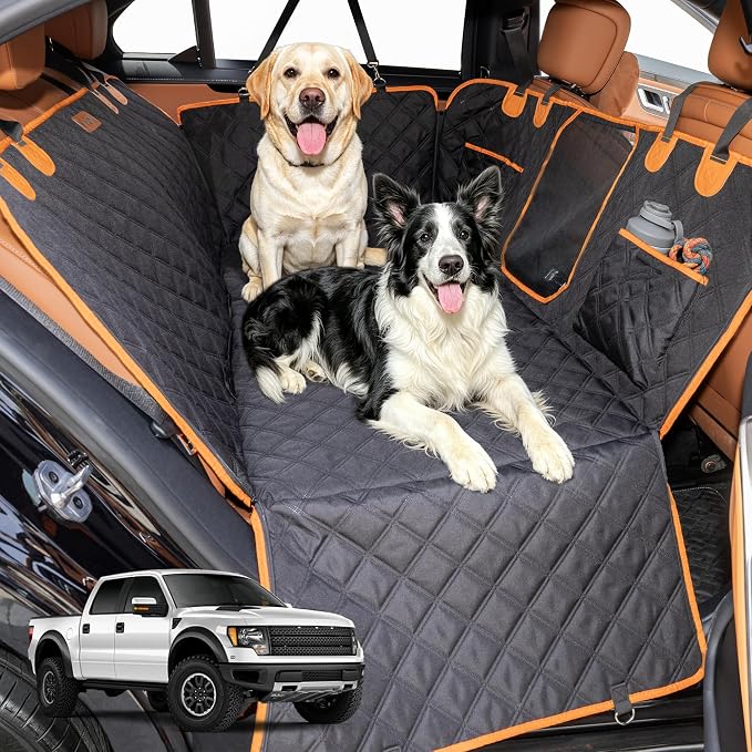 Hard Bottom Waterproof Dog Seat Cover Hammock for Full Size Truck | 900D Oxford bite-proof & waterproof. 35D sponge pad protects dog joints. Extra-wide hard bottom supports 600lbs. Mesh window by VivaSniff