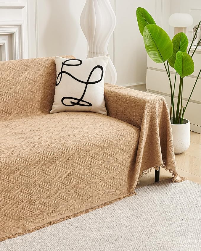 AIVIA Couch Cover Sheet Blanket, Oversized Covers for 3 Cushion Sofa, Large Furniture Decoration Slipcovers, L-Shape U-Shaped Sectional Protector for Cats Dogs Pets (Khaki, 71” x 118”) - Image 5