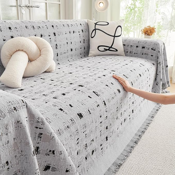 DREAMINGO Abstract Chenille Couch Cover Blanket Grey Black Boho Sofa Cover, Washable Furniture Protector, Universal Slipcover for Couch, Geometric Brushstroke Jacquard, Large 71"x118" - Image 3