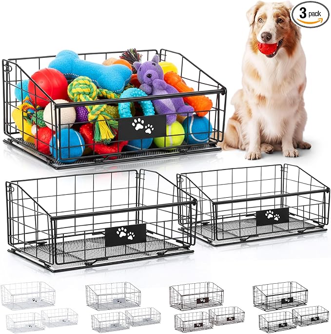 Mimorou 3 Pack Metal Dog Toy Baskets Multi-sized Foldable Dog Toy Bins Box Storage Container Organizer for Living Room Area Decorative Pet Accessories Coat Clothing Storage Holder Baskets(Black) by Mimorou