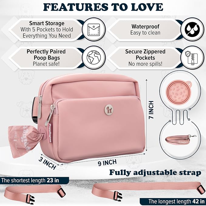 Puppington 3-in-1 Crossbody & Dog Treat Pouch for Pet Training - Matching Compostable Poop Bags, Built-In Poop Bag Dispenser & Slow-Feeding Travel Dog Bowl - Dog Walking Bag (Blush Pink) - Image 6