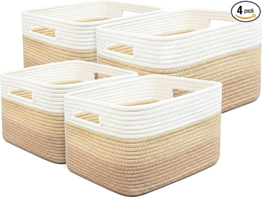 4 sets of hand-woven cotton rope storage boxes, suitable for toys, books, clothes, bathrooms, car trunks used for organizing decoration, Khaki color Two 16x14x7 in two 14x10x7in by Unknown
