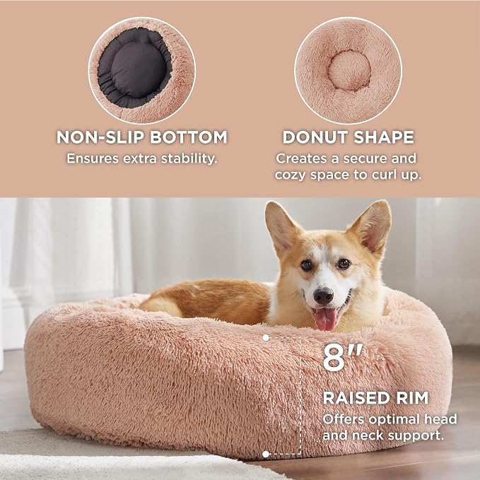 Bedsure Calming Dog Bed Medium Size Dog Donut Washable Pet Bed,30ins Pink | Fluffy Faux Fur Round Cuddler,Machine Washable,Anti-Slip Bottom,Anti-Anxiety,Deep Sleeping for Pets Up to 45 Lbs - Image 3