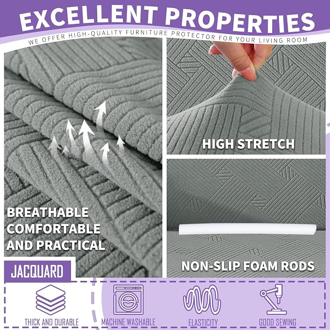 ZNSAYOTX 4 Piece Stretch XL-Sofa Covers (91"-110") for 3 XL Cushion Couch, Thick Couch Cover with Elastic Band Bottom Ties Non-Slip Stay in Place, Soft Durable Oversized Slipcovers, Light Grey - Image 5