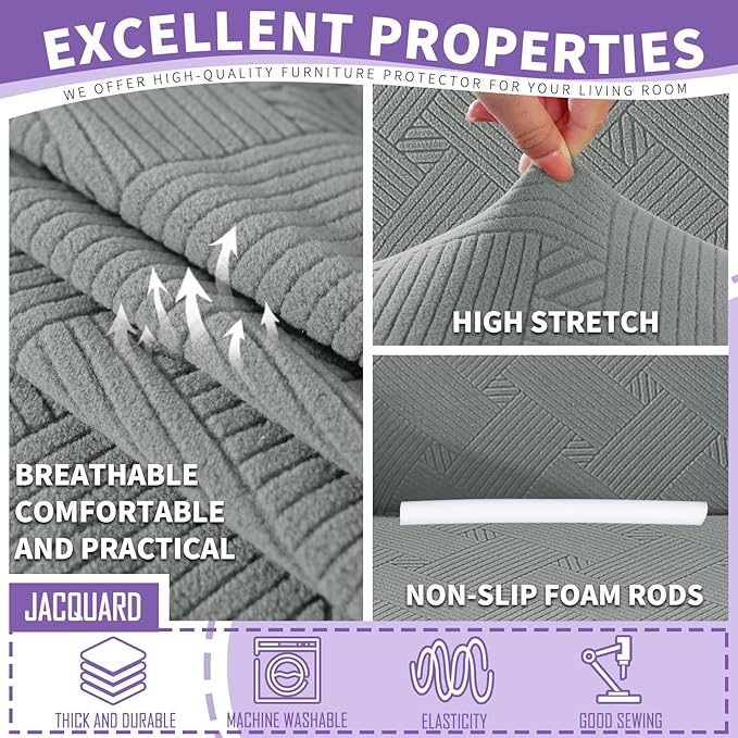 ZNSAYOTX 4 Piece Stretch XL-Sofa Covers (91"-110") for 3 XL Cushion Couch, Thick Couch Cover with Elastic Band Bottom Ties Non-Slip Stay in Place, Soft Durable Oversized Slipcovers (Light Grey) - Image 3