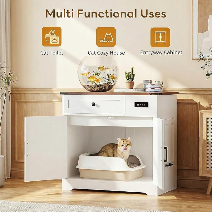LIKIMIO 31.5" Cat Litter Box Enclosure with LED Odor Control | LED odor-control system under 30dB. Hinged cat entrance. Storage drawer. 31.5"L x 19.7"W x 31.3"H. - Image 6