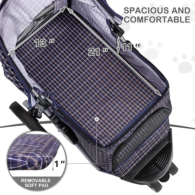 MoNiBloom 3 Wheels Pet Dog Cat Stroller for Small Medium Dogs Cats, Lightweight Foldable Jogger Stroller w/Storage Basket and Cup Holder, Plaid
