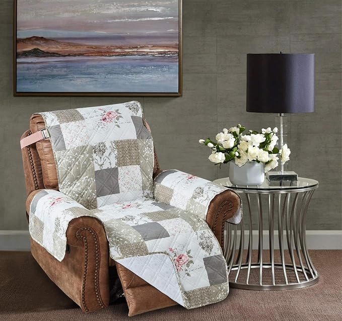 Brilliant Sunshine Pink Rose & Grey Toile Couch Recliner Cover, 26" seat | Patchwork Design, Non Slip Sofa Cover, Quilted Furniture Protector, Washable Reclining Chair Slipcover for Pets, Dogs - Image 5