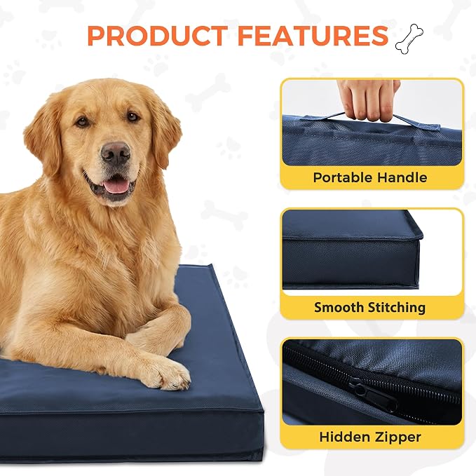 Outdoor Dog Bed Large Sized Dog, Waterproof Dog Bed Large, 36x27x3 Inch, Orthopedic Dog Bed with Removable Washable Cover, Rectangle Egg Crate Foam Pet Bed for Camping, Outside, Navy Blue - Image 5