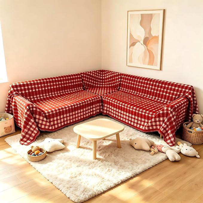 1OO% Waterproof Sectional Couch Covers for Dogs L Shaped Corner Sofa Cover Washable Chenille Sofa Slipcovers Blanket Modern Jacquard Pet Furniture Protector (91"x276", Red Checkered) - Image 2