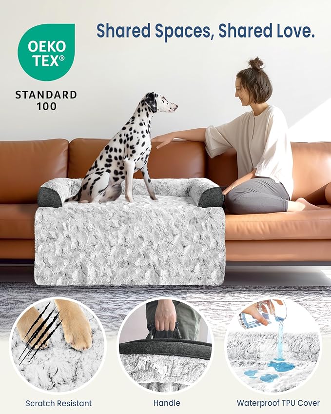 Calming Large Dog Bed for Couch, 41 x 37 inch Removable Couch Cover for Dogs Washable, Non-Slip Fluffy Plush Dog Sofa Mat for Furniture Protector - Grey - Image 3