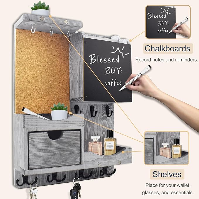 Key Holder Wall Mount， Mail Organizer Key Holder for Wall with Shelf, Drawer, Chalkboard, Corkboard, Home Decor Wall Mounted for Room Entryway(Grey) - Image 7