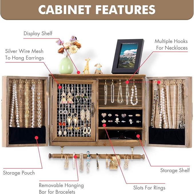 ikkle Wooden Jewelry Organizer Wall Mounted, Hanging Jewelry Holder with Removable Bracelet Rod and Hooks for Necklaces Earrings Bracelets Rings, Brown - Image 3