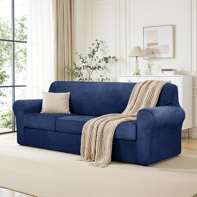 CHUN YI 4 Piece Velvet Couch Covers for 3 Cushion Couch, Water Resistant Non Slip Sofa Slipcover, High Stretch Thick Furniture Protector for Dogs Pets, Large, Navy - Image 3