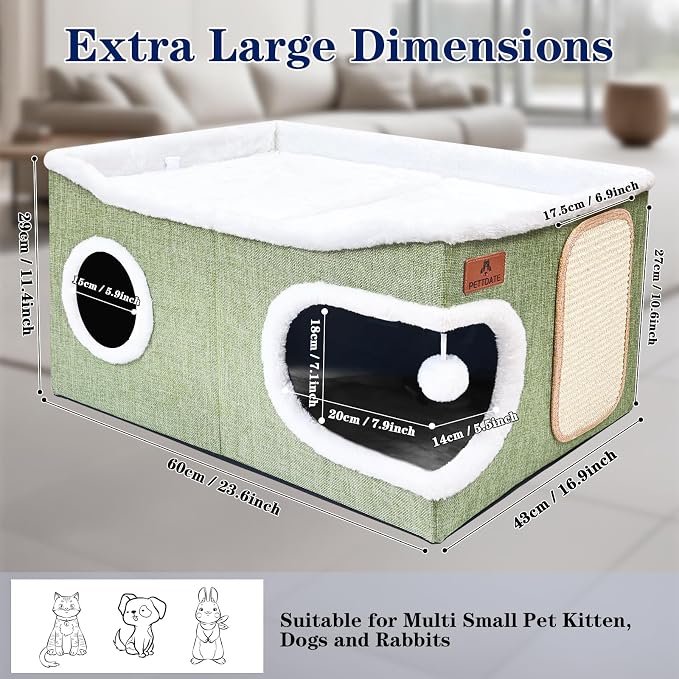Extra Large Cat Beds for Indoor Cats, Covered Cat Cave Beds & Furniture with Scratch Pad and Fluffy Ball, Foldable Condo Hideaway with Reversible Cushion for Multi Small Pet Large Kittens, Green - Image 2