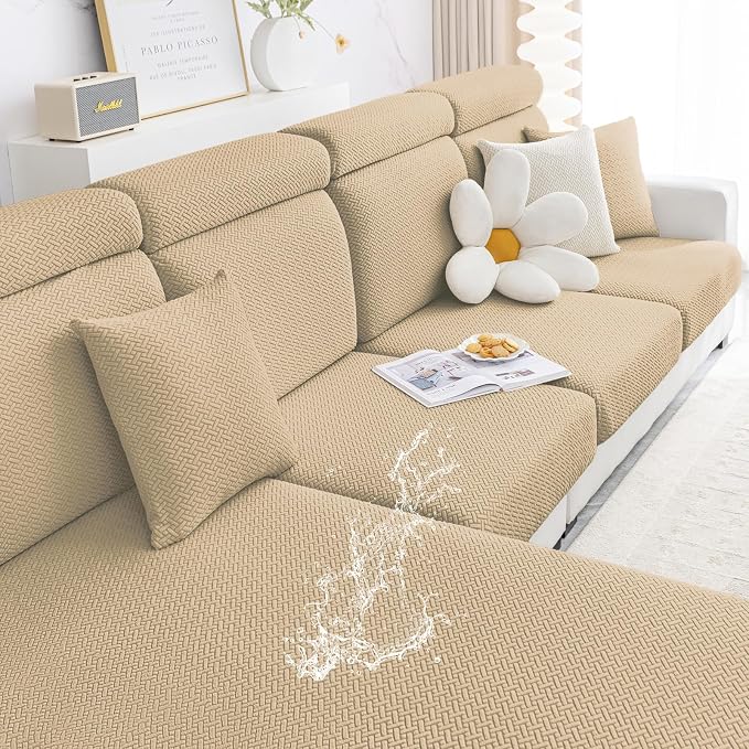 Smiry Waterproof Couch Cushion Covers, Non Slip Seat Cushion Covers | Stretch Jacquard Sectional Sofa Slipcover, Washable Elastic Furniture Protector for Pets, Kid, Medium, Light Brown by Smiry