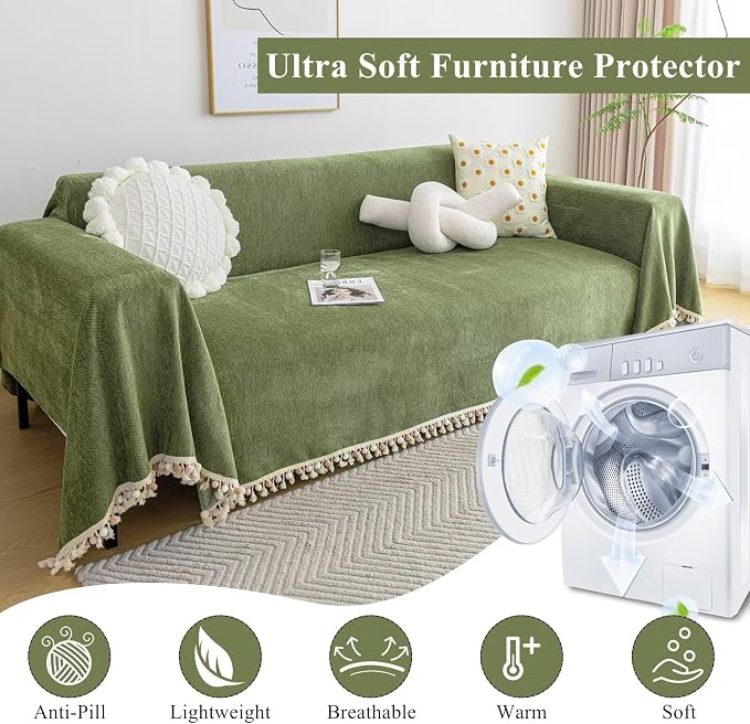 VClife Boho Couch Cover Non Slip Pet Friendly Chenille Sofa Covers, Dog Couch Cover for 2 Cushion Couch Sofa Breathable Wear Resistant Furniture Couch Protector with Tassel Ball, Green, 71"x118" - Image 4