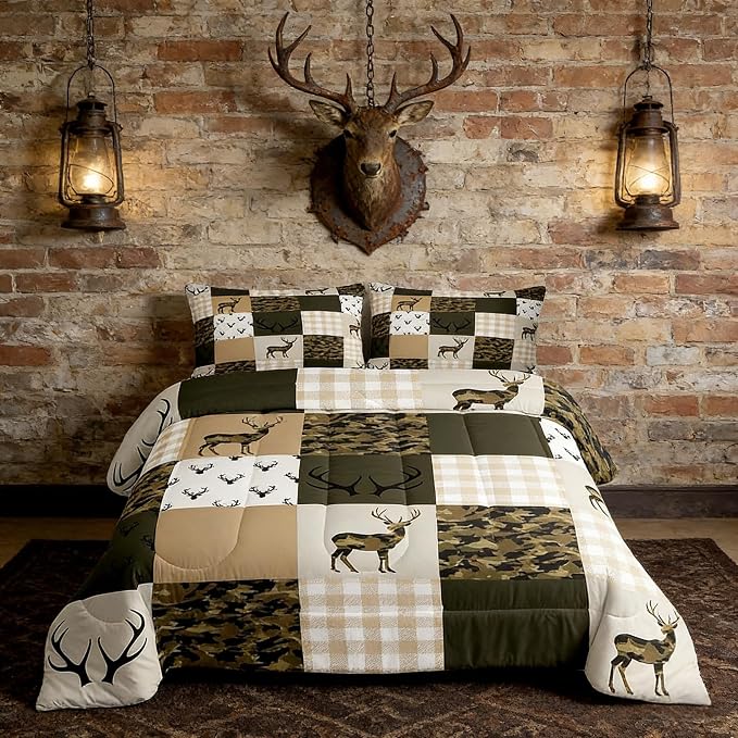 Homewish Camouflage Comforter Set Twin Size Woodland Camo Quilt Set Green and Beige Plaid Print Bedding Set 2pcs for Kids Boys Teens Room Decor, Animal Deer Antlers Duvet Insert with 1 Pillowcase - Image 2