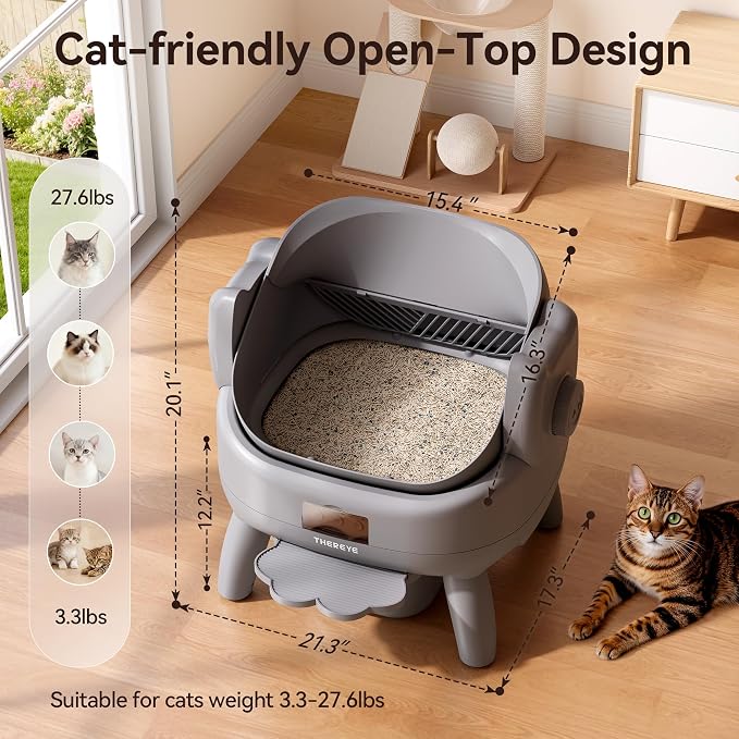 Thereye Automatic Litter Box with Entry Step, Open-Top Self Cleaning Litter Box, App Control & Safety Protections, 10L Waste Bin with Odor Control Smart Cat Litter Box with Trash Bags/Litter Mat - Image 2