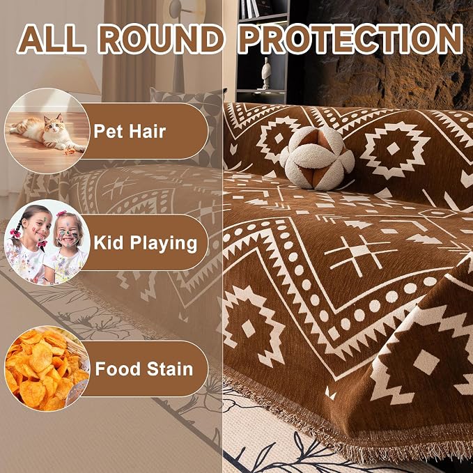 VClife Bohemian Southwestern Sofa Cover Vintage Brown White Aztec Geometric Pattern Couch Slipcover with Tassel Edge, Non Slip Washable Sofa Cover for 2 Cushion Couch Sofa Decorative Furniture Cover - Image 5