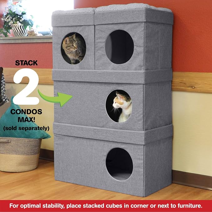 Kitty City Large Stackable Cat Condo & Cube House, Modular Indoor Cat Furniture with Plush Washable Beds, Collapsible Cat Cave & Lounging Ottoman, Grey - Image 6