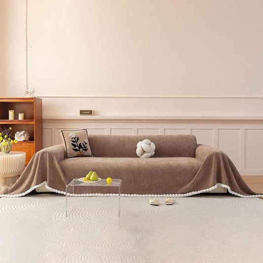 VClife Boho Couch Cover, Thickened Furniture Protector, Khaki, 71"X134" | Heavy-duty Pet Resistant Thick Chenille Fabric, Modern Striped Pattern, Fluffy Pom-pom Trim, Kids & Pets Household Friendly by VCLIFE