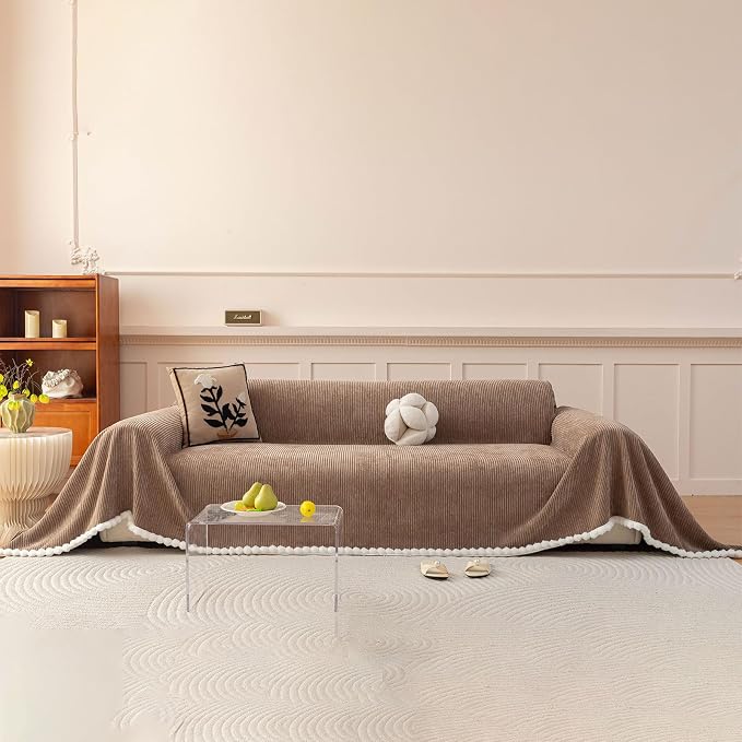 VClife Boho Couch Cover, Thickened Furniture Protector, Khaki, 71"X150" | Heavy-duty Pet Resistant Thick Chenille Fabric, Modern Striped Pattern, Fluffy Pom-pom Trim, Kids & Pets Household Friendly by VCLIFE