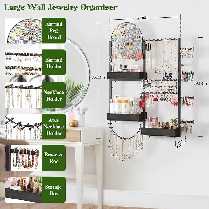 Keebofly Wall Mount Hanging Jewelry Organizer - Large Display Holder for Earrings, Rings, Necklaces, Bracelets, Watches and Perfume - Black - Image 3