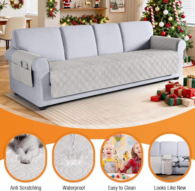 VANSOFY Waterproof Oversized Couch Cover for Pets, Off White, 72.4" | Non-Slip, Washable, Utility Pockets, Pet Friendly, Furniture Protector Slipcover for 4 Cushion Couch - Image 4