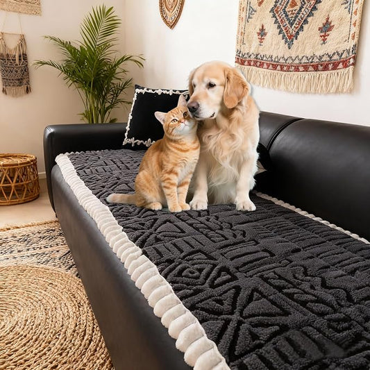 HANDONTIME Boho Couch Cushion Covers for Dogs Plush Couch Cover Washable Non-Slip Dog Sofa Cover Pet Couch Protector Fuzzy Geometric Sofa Slipcovers Dog Mat for Sofa Couches(Dark Grey, 27.6" x 82.7") by HANDONTIME