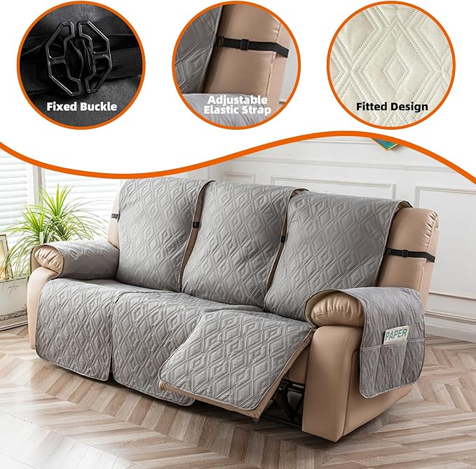 Genina Waterproof Couch Cover for Reclining Couch 3 Seater Non-Slip, Washable Recliner Sofa Covers for 3 Cushion Couch, Furniture Covers Couch Protector for Dogs Pets Kids (Light Gray, Recliner Sofa) - Image 7