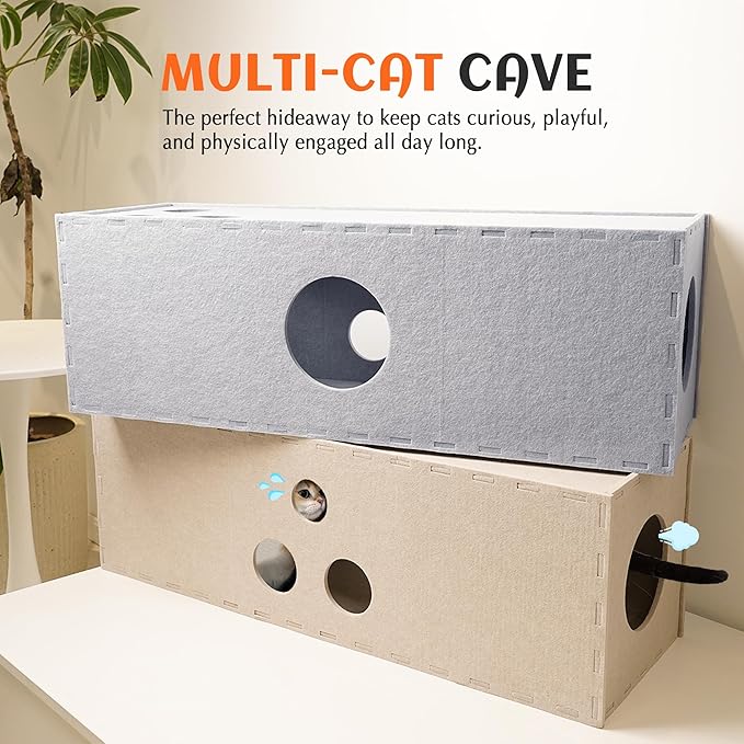 PETKARAY Cat Tunnel, Original Cat Hideaway Cave for Indoor Cats, Large Kitten Play Tubes and Tunnels, Soft Felt Cat Toy with Interactive Peek Hole, Beige Straight - Image 3