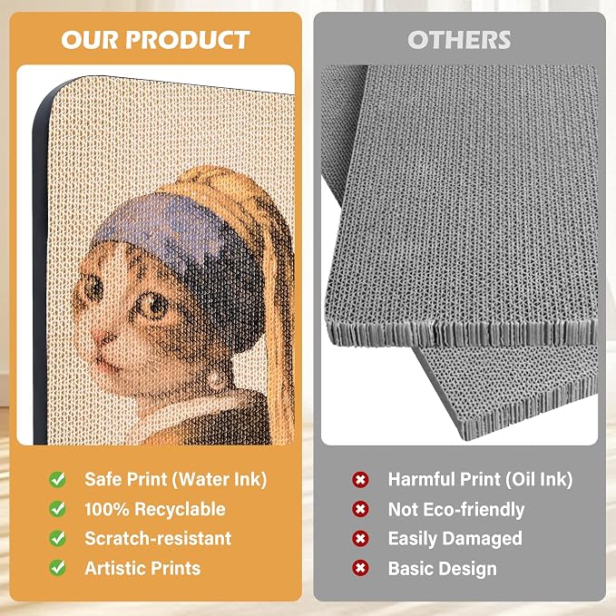Cat Wall Scratcher, Art Cat Scratching Board for Indoor Cats | Wall Mounted Cat Scratch Pad, Water-Based Ink, Hook&Loop Strips, Floor or Wall Use, 16.7x11x1 Inch, Cat with Pearl Earring - Image 6