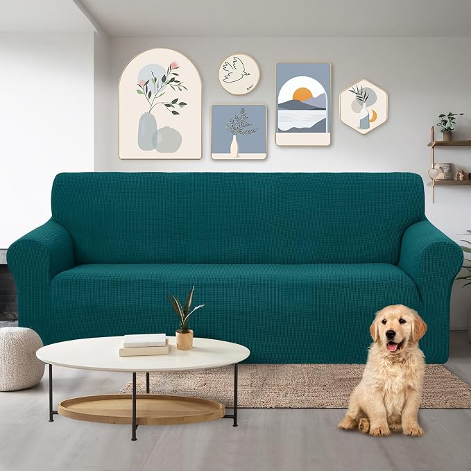 U-NICE HOME Stretch Couch Cover Slipcover for 3 Cushion Sofa, Blue | 1-Piece Sofa cover, Washable, Pet friendly, Furniture protector, Polyester Spandex Jacquard fabric - Image 2