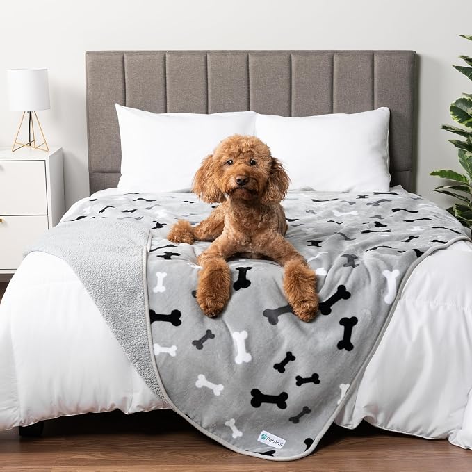 PETAMI Sherpa Fleece Waterproof CAT and Dog Blanket, Bone Gray, Queen by PetAmi