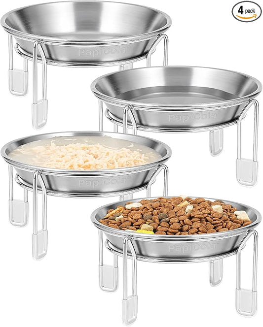 Elevated cat Bowl 4PC, 6.3" Wide Raised Cat Bowl | Stainless Steel Cat Food and Water Dishes, Small Dog Bowl, Whisker Friendly, Anti-Vomiting, Neck Stress-Free Bowl Stands by PapiCola