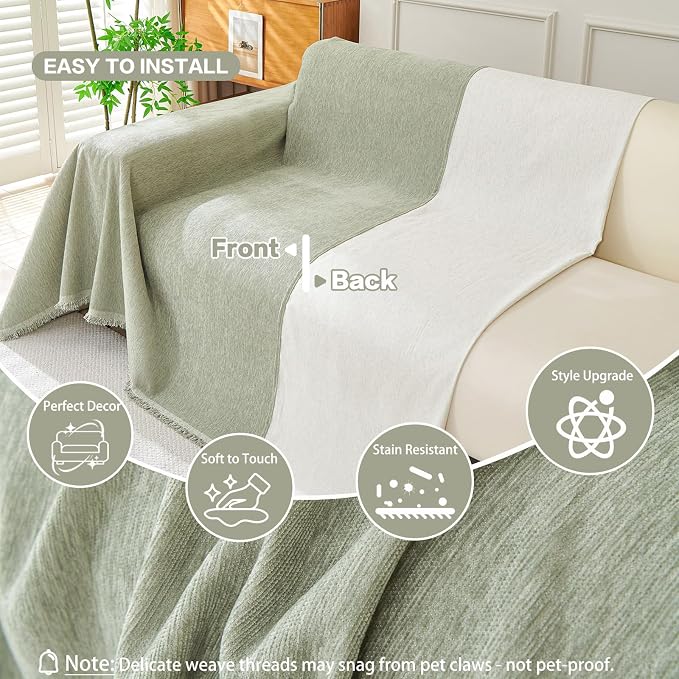 DREAMINGO Sofa Covers Washable Thick Chenille Couch Cover for 2 Cushion Couch Sofa Multi-Use Couch Cover Blanket Modern Pet Furniture Protector Sectional Couch Slipcover 71"x118", Sage Green - Image 3
