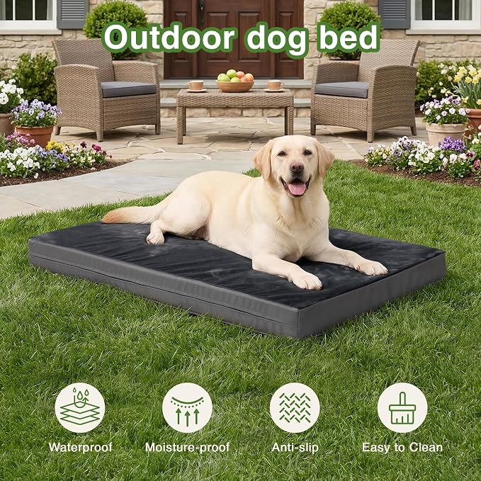 Waterproof Dog Bed Large Sized Dogs, Orthopedic Washable Crate Pad 35"x22" | Outdoor Pet Bed Foam, Reversible Faux Leather & Flannel, Durable Removable Cover, Anti-Slip Bottom,Kennel Pad 36" Dark Gray - Image 3