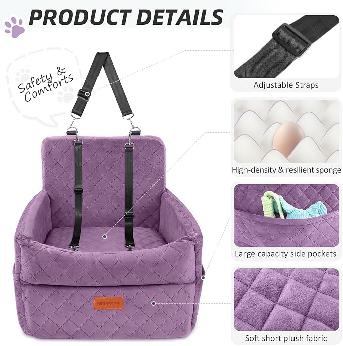 HEGGCOOE Small Dog Car Seat, Memory Foam Dog Booster Seats with Thick Cushion for Medium Dogs Under 35lbs, Detachable Washable Pet Car Seat Bed with Storage Pockets,2 Safety Belts Purple - Image 4