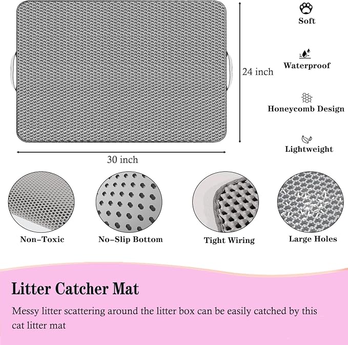 Large Cat Litter Mat - 30"x 24" Double Layer Honeycomb Kitty Litter Mat,Waterproof and Urine-Proof,Easy to Clean with Handles,Ideal Litter Trapping Mat for Cats - Image 2