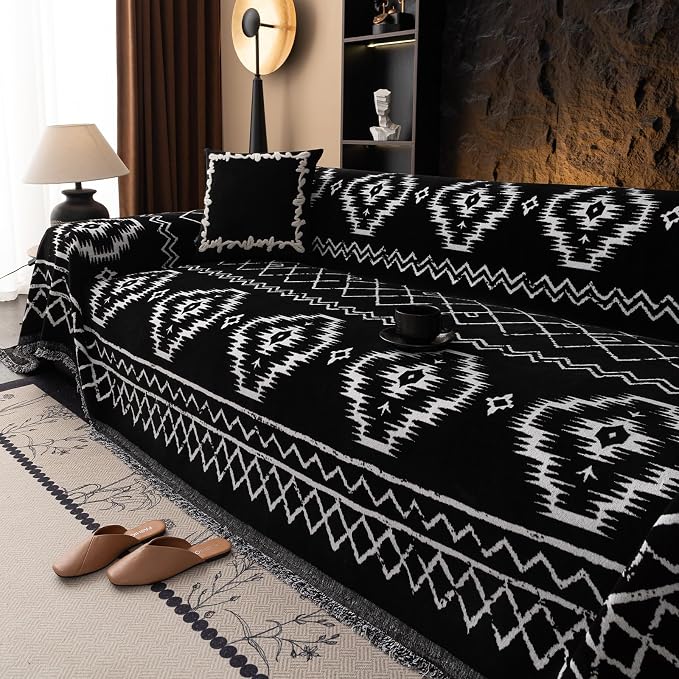 VClife Boho Couch Cover Chenille Sofa Cover for Sectional Sofa, Non Slip Couch Covers for 2 Seater Sofa Pet Friendly Sofa Protector with Tassel, Tribal Pattern Couch Slipcover, Black, 71"X118" - Image 2