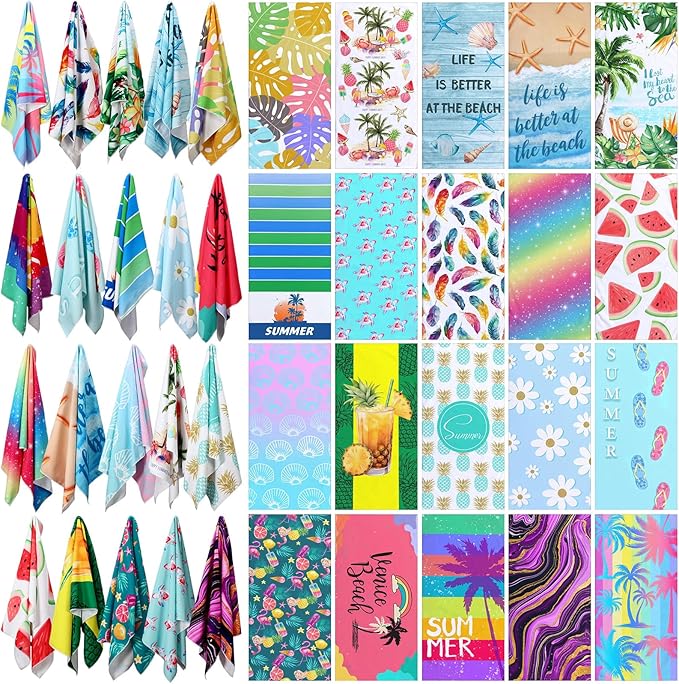Newwiee 20 Pack Oversized Microfiber Beach Towels Bulk 28x59 Inch Sand Free Quick Dry Pool Towels Absorbent & Lightweight Travel Bath Blanket for Beach, Gym, Swim, Vacation, Vibrant Mixed Patterns by Newwiee